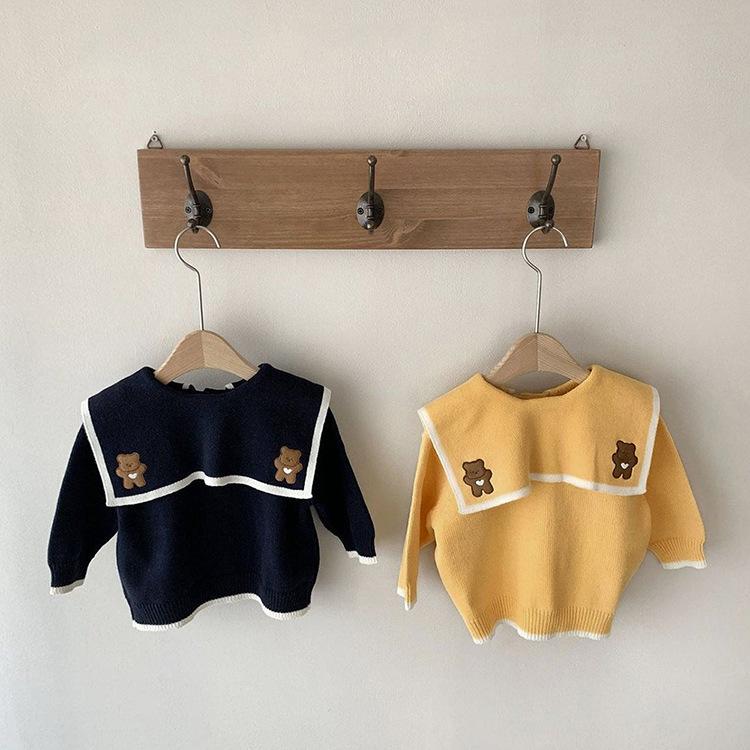 ベビー服 男女兼用 春秋 ニット カーディガン セーター 男の子 女の子 くま 刺繍 ビッグカラー 襟付き 長袖 前開き 綿 コットン 柔らか おしゃれ かわいい 普段着 お出かけ イエロー ネイビー 羽織り