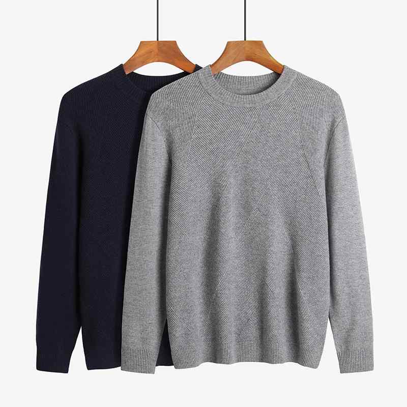 ニット メンズ 男性用 純カシミヤ 厚手 暖かい クルーネック プルオーバー 長袖 ストライプ柄 レギュラーフィット 秋冬 ビジネス 通勤 普段使い 紳士｜あじゅり