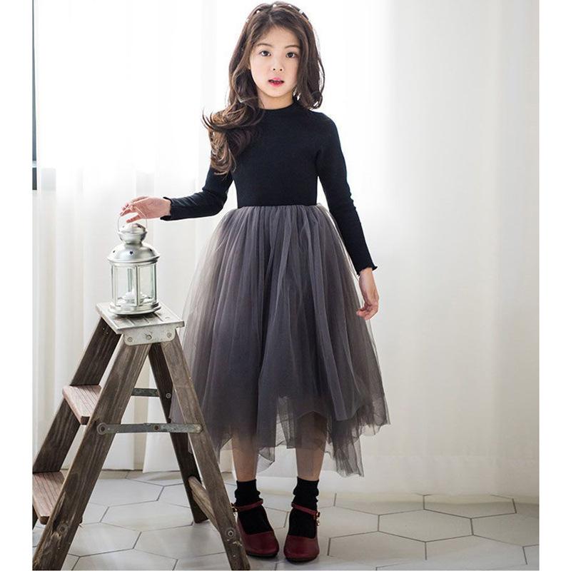 ワンピース キッズ 女の子 ガールズ 子供服 長袖 綿 コットン ニット プリンセスライン チュール フレア すっきりシルエット 上品 エレガント 高見え 裏起毛 韓国風 秋冬春 フォーマル カジュアル お出かけ デイリー