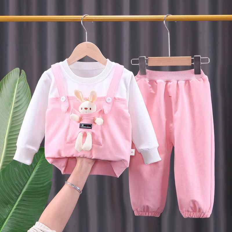 セットアップ 女の子 子供 ベビー うさぎ モチーフ ポケット クルーネック 長袖 トレーナー ロングパンツ 2点セット 綿 コットン 春秋 カジュアル 普段着 かわいい 柔らか