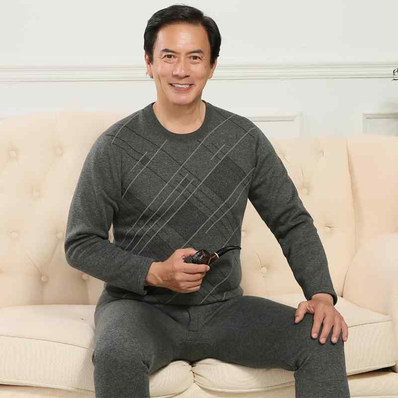 インナーウェア メンズ 男性用 中高年 コットン 綿 厚手 ソフトな肌触り 裏起毛 フリース 保温 防寒 あったか 丸首 クルーネック 長袖 秋冬 ルームウェア パジャマ プリント柄