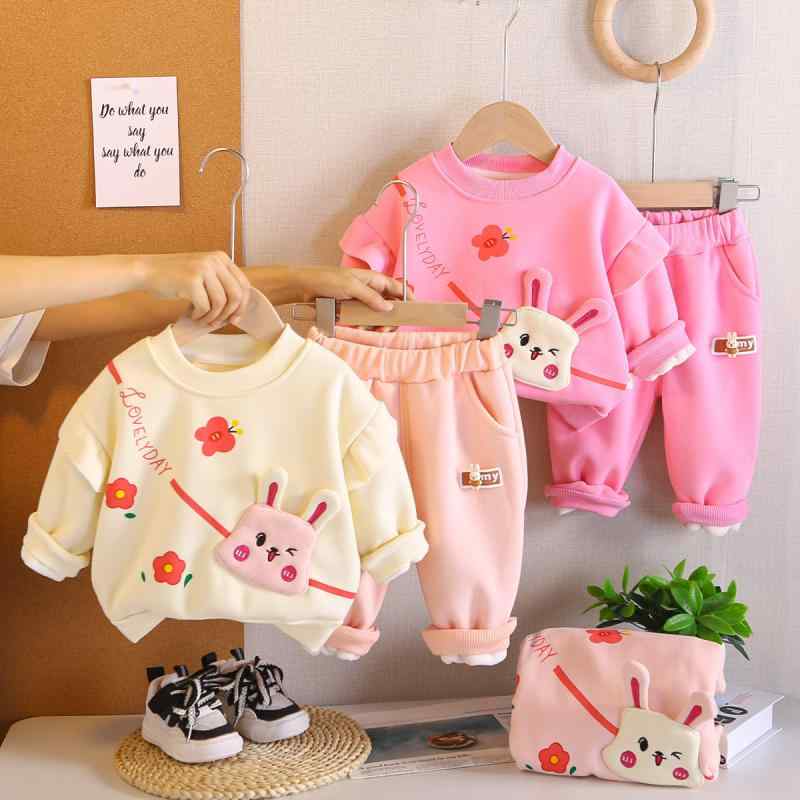 セットアップ ベビー 子供服 女の子 秋冬 綿 裏起毛 柔らかい かわいい ウサギモチーフ ミニバッグ 長袖 スウェット トレーナー 長ズボン カジュアル 普段着 お出かけ ピンク系 ベージュ 上下セット 2点セット