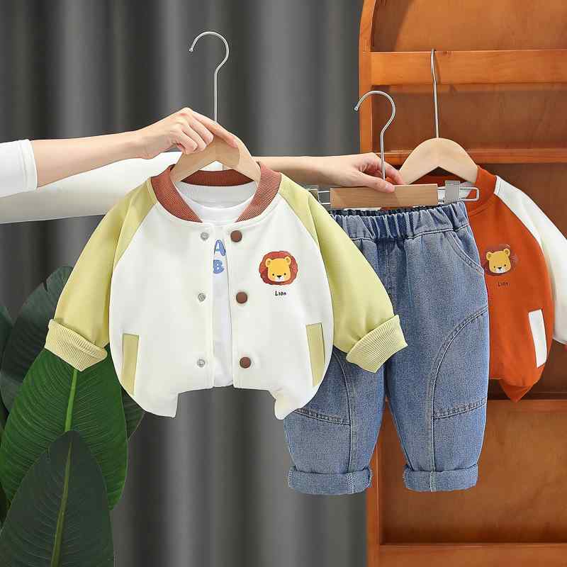 セットアップ 男の子 ベビー キッズ 1歳から4歳向け ライオン柄 野球服風 スポーティ 長袖 ロングパンツ 3点セット 春秋 綿素材 カジュアル かわいい 韓国風