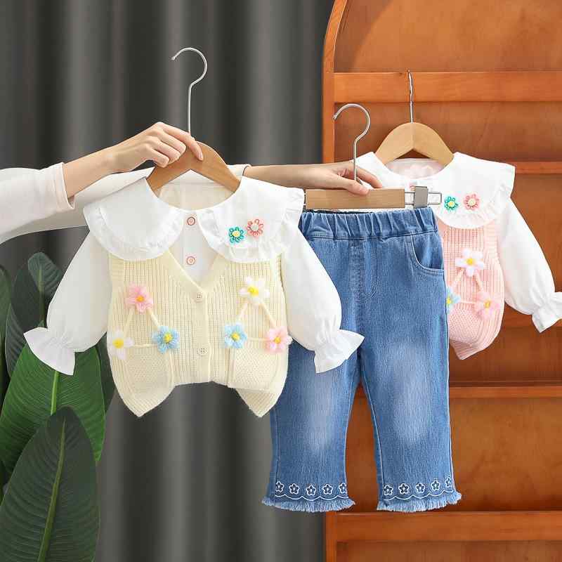 セットアップ ベビー 女の子 春夏 韓国ファッション 花柄 ニット カーディガン 長袖 3点セット キッズ 子供服 綿素材 ソフトタッチ かわいい プリンセス風 お出かけ 普段使い