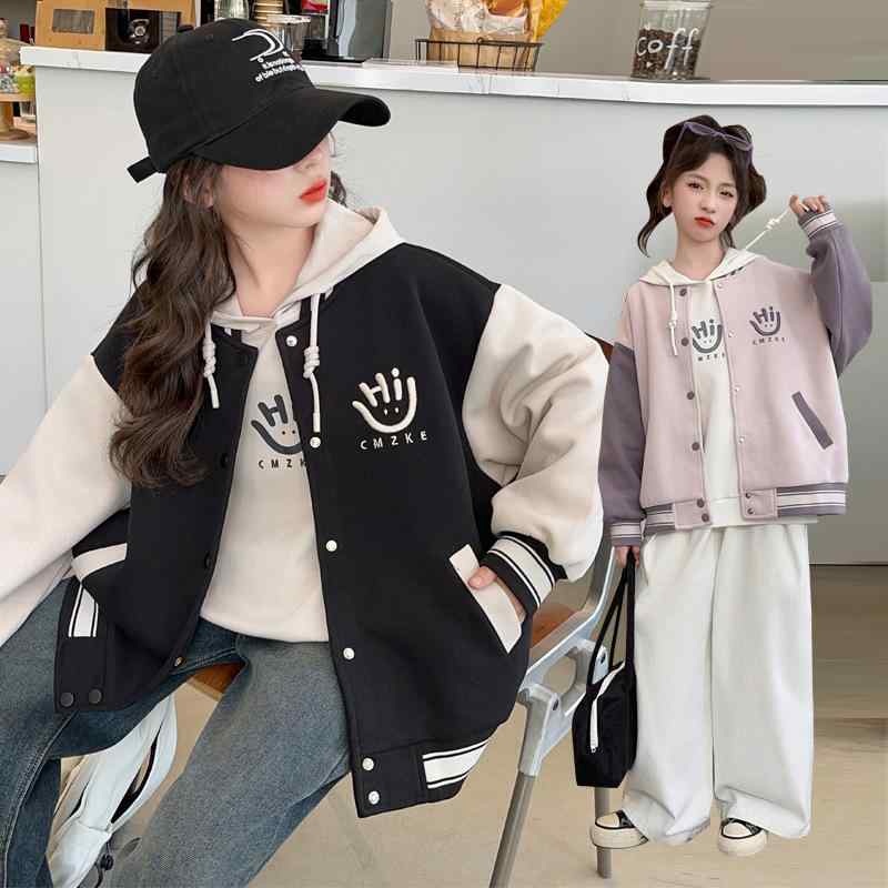 キッズ 女の子 セットアップ 秋冬 カジュアル ゆったり ビッグシルエット ロゴ 英字プリント フード付きパーカー 長袖 裏起毛 綿混 柔らか スタジャン