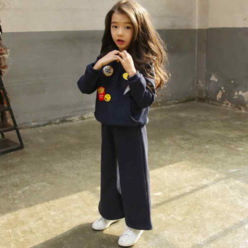 セットアップ 女の子 キッズ ジュニア 裏起毛 パーカー ワイドパンツ コットン フード付き 上下セット 親子コーデ 韓国風 あったか 厚手 プリント 秋冬春 ネイビー ピンク 2点セット