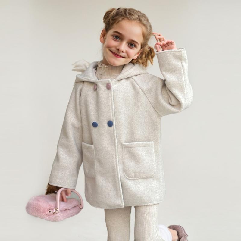 コート キッズ 女児 かわいい うさ耳 フード付き メルトン生地 ポリエステル 無地 厚手 あったか 防寒 長袖 シングルボタン ミドル丈 秋冬 アウター