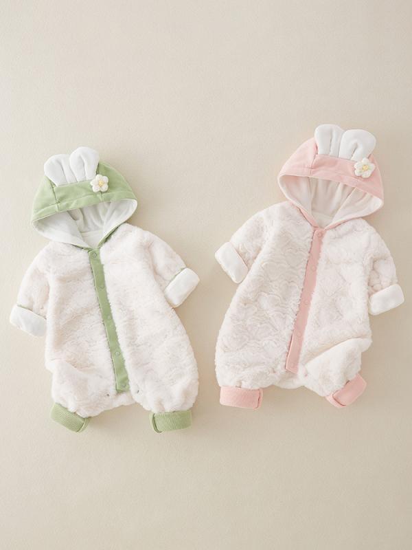 カバーオール 新生児 ベビー 赤ちゃん 男女兼用 春秋 コットン 綿 かわいい ハート うさぎ 刺繍 長袖 ロンパース フード付き ジップアップ ピンク グリーン 韓国風 普段使い