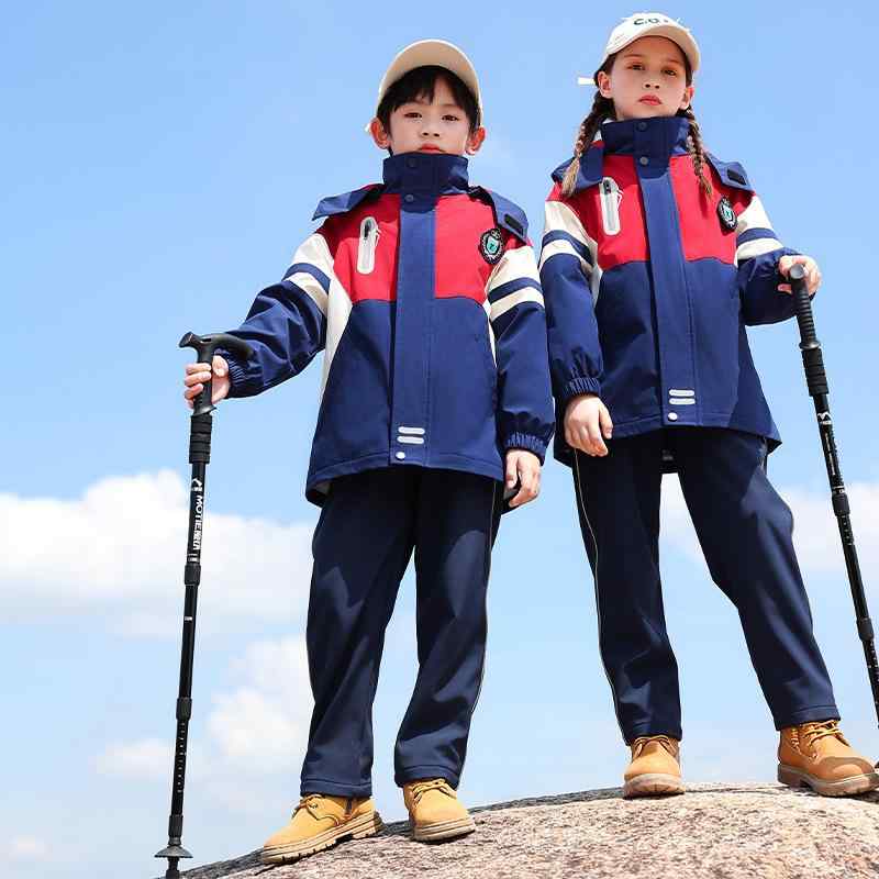マウンテンパーカー キッズ 子供用 男女兼用 レッド スクールウェア 通学 幼稚園 3WAY 取り外し可能 フード付き 防寒 3点セット 長袖 秋冬 ポリエステル 綿混 ウィンドブレーカー