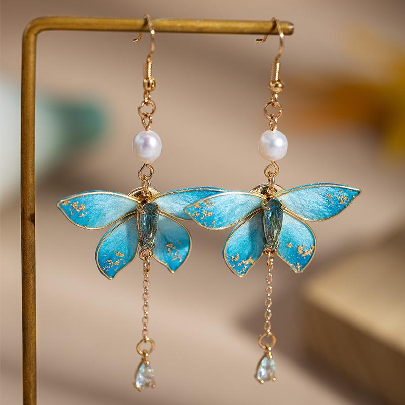 ピアス レディース 伝統工芸 絨花 シルク 蝶 バタフライ タッセル ロング丈 高級感 新中華風 中国風 レトロモダン 漢服 チャイナドレス