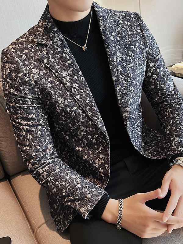 テーラードジャケット メンズ 男性用 高級感 花柄 プリント 韓国風 スリムフィット 細身 厚地 ビジネスカジュアル オフィス 普段使い 通気性 吸湿速乾 形態安定 ポリエステル 綿混紡