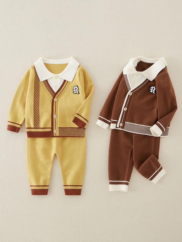 ベビー服 ユニセックス 男の子 女の子 赤ちゃん ニット セットアップ 上下セット ツーピース カーディガン 長袖 ロングパンツ 柔らかな肌触り インナー アウター兼用 前開き ボタン留め ポリエステル カジュアル 普段使い お出かけ ルームウェア 韓国
