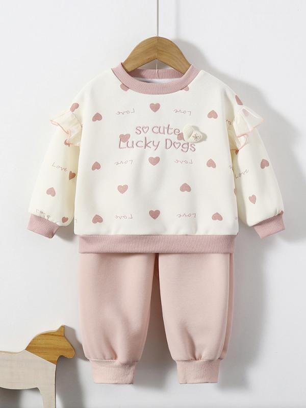 子供服 女の子 ベビー 春秋 長袖 トレーナー スウェット パンツ セットアップ かわいい ハート柄 快適 綿 コットン 柔らかい肌触り 普段使い お出かけ 韓国風 ピンク ブラウン