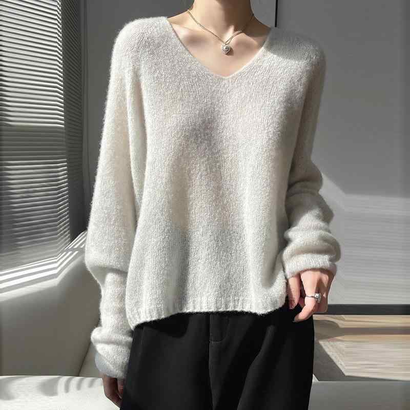 ニット レディース カシミヤ混 薄手 Vネック ゆったり プルオーバー 長袖 セーター 春夏 無地 ドロップショルダー 通勤 オフィス シティスタイル フェミニン カジュアル|あじゅり