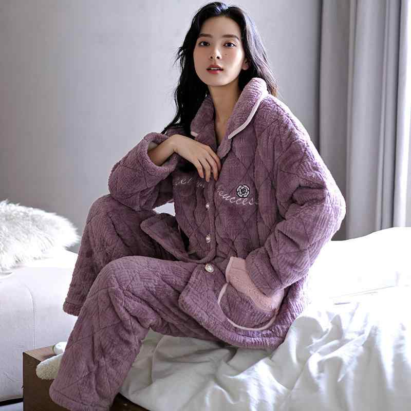 パジャマ レディース 女性用 3層 中綿入り 極厚 裏起毛 サンゴフリース コーラルベルベット 綿 コットン 秋冬 上下セット 長袖 長ズボン ルームウェア ホームウェア 通気性 伸縮性 保温 部屋着 普段使い 高級感