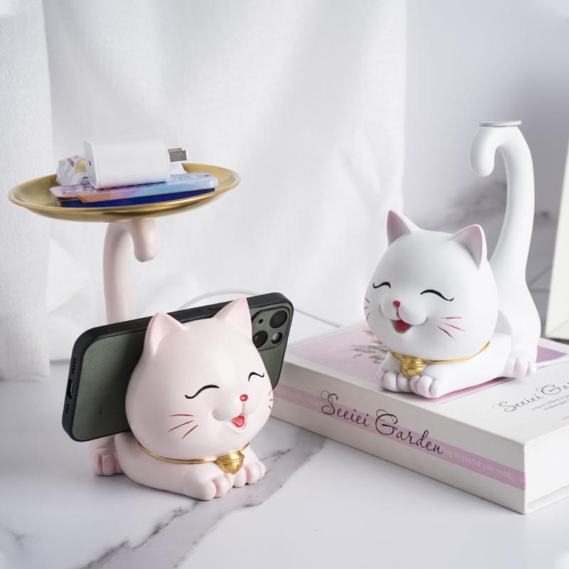 インテリア雑貨 かわいい 猫 ワイヤレス充電 スマホスタンド トレイ 収納 樹脂製 オフィス 自宅 卓上 キャラクター プレゼント