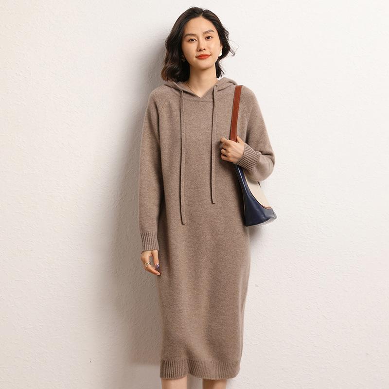 ニットワンピース レディース 秋冬 カシミヤブレンド ゆったり ルーズシルエット フード付き プルオーバー 厚手 暖かい 膝下ロング丈 リブ編み カジュアル