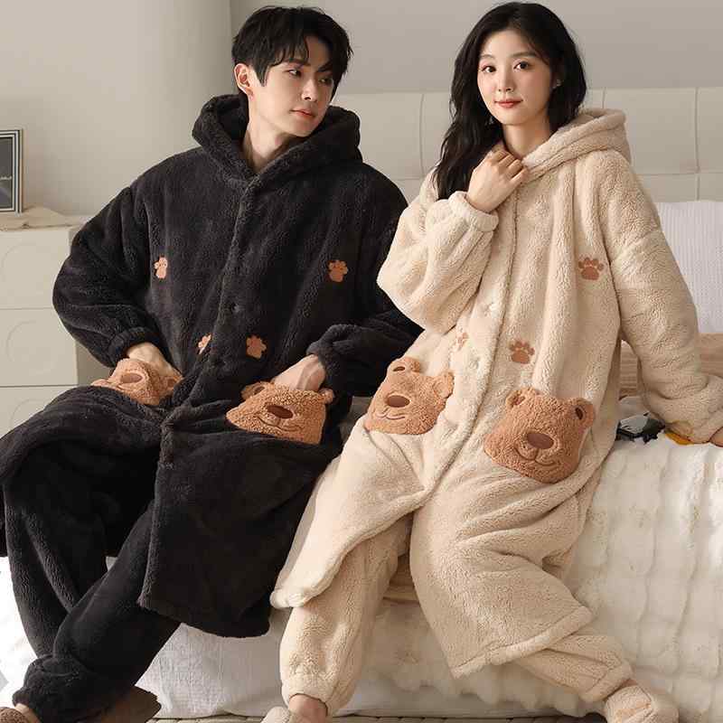 ルームウェア カップル ペア レディース メンズ 男性用 女性用 秋冬 フランネル サンゴマイヤー 綿 裏起毛 厚手 肉厚 あったか 暖かい 保温 恐竜 キャラクター フード付き パジャマ ガウン バスローブ セットアップ