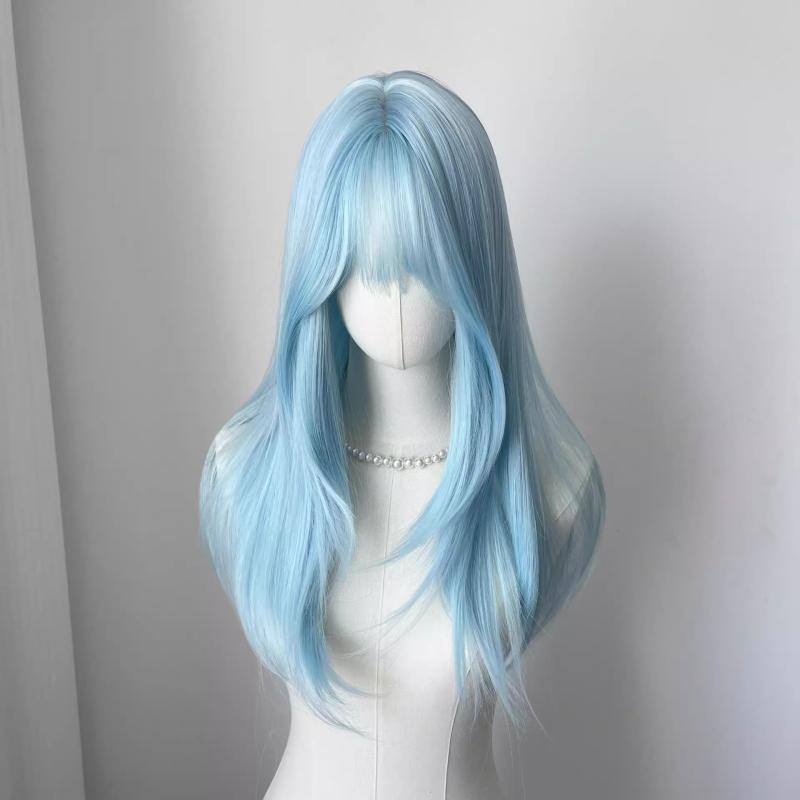 ウィッグ レディース フルウィッグ 高品質耐熱ファイバー ロングストレート ぱっつん前髪 段カット ミントアイスブルー コスプレ ファッション 小顔効果