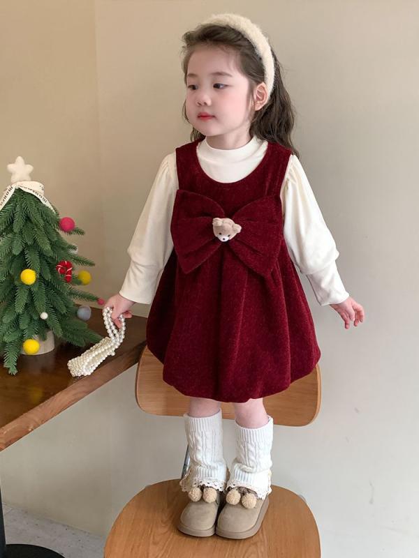 ワンピース キッズ 女の子 ベビー 裏起毛 厚手 セットアップ プルオーバー 長袖 秋冬 お正月 晴れ着 お祝い 誕生日会 プリンセス風 かわいい 綿混 柔らかな肌触り 防寒着 カジュアル ツーピース 深紅 ワインレッド