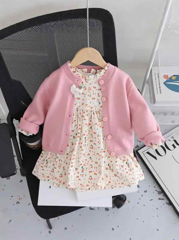 キッズ 女の子 セットアップ 子供服 ガールズ ベビー服 春秋 長袖 綿 ニットトップス 花柄フレアスカート 2点セット おしゃれ かわいい カジュアル 普段着 通園通学 お出かけ ピンク パープル
