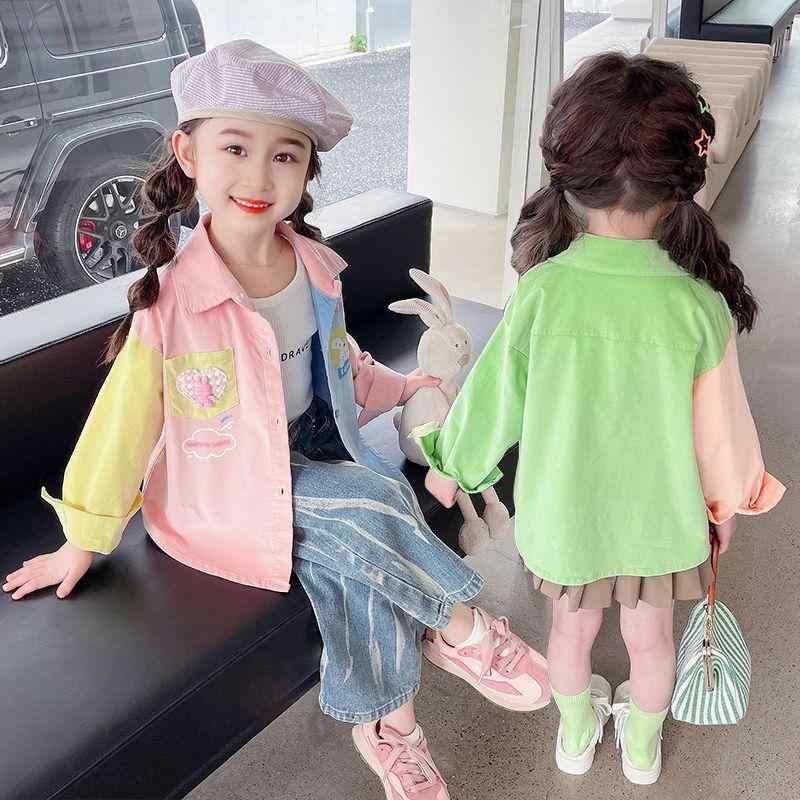 シャツ 女の子 キッズ ガールズ 子供 春秋 長袖 ブラウス トップス コーデュロイ ポリエステル ゆったり ルーズ オーバーサイズ おしゃれ かわいい シンプル カジュアル 普段使い ラウンドネック 丸首 柔らか グリーン ピンク系 アウター ジャケッ