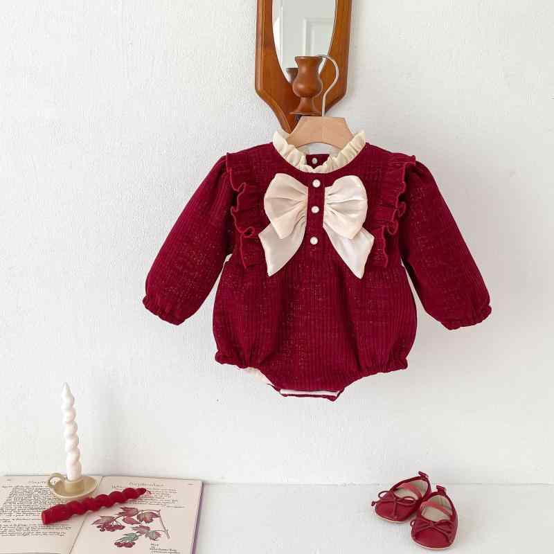 ベビー服 女の子 秋冬 裏起毛 暖かい 綿素材 厚手 長袖 ロンパース かわいい プリンセス おしゃれ 赤 レッド 幼児 1歳 2歳 3歳 お正月 お祝い