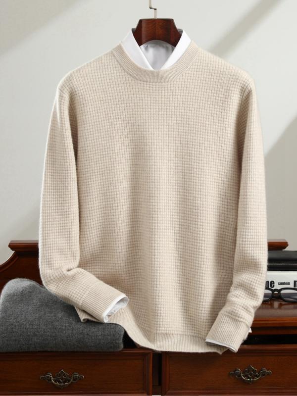 ニット メンズ カシミヤ100% クルーネック プルオーバー 長袖 厚手 秋冬 ワッフル編み ゆったり オーバーサイズ シンプル ベーシック 保温性 暖かい 上質素材
