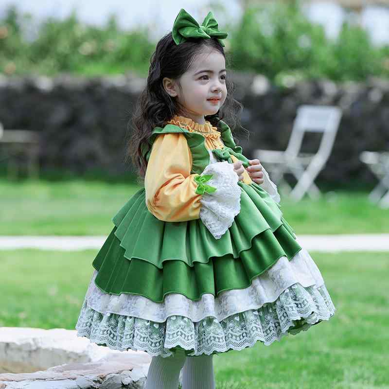 ワンピース 女の子 キッズ ロリータ Lolita プリンセスドレス ハロウィン コスプレ 仮装パーティー 長袖 Aライン ベルベット ベロア ダークグリーン ポリエステル コットン 秋冬