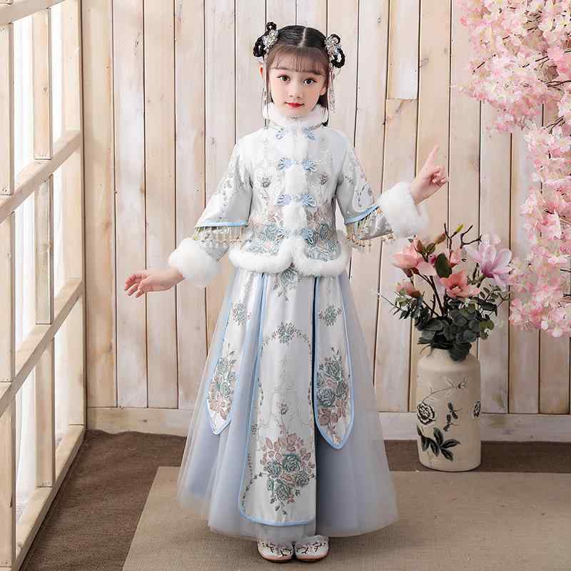 キッズ 女の子 チャイナドレス 漢服 唐装 中国風 民族衣装 厚手 裏起毛 冬物 お正月 祝い着 かわいい 華やか プリンセス レッド ライトブルー レース ポリエステル