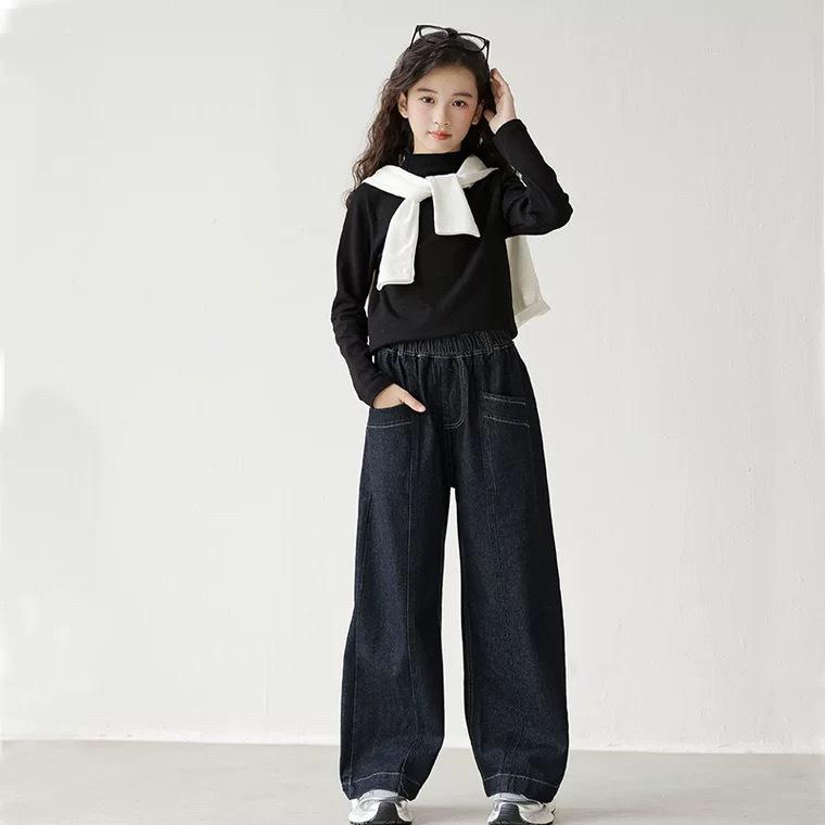 デニムパンツ キッズ 女の子 ガールズ ワイド ゆったり ハイウエスト ロング丈 裏起毛 保温 防寒 秋冬