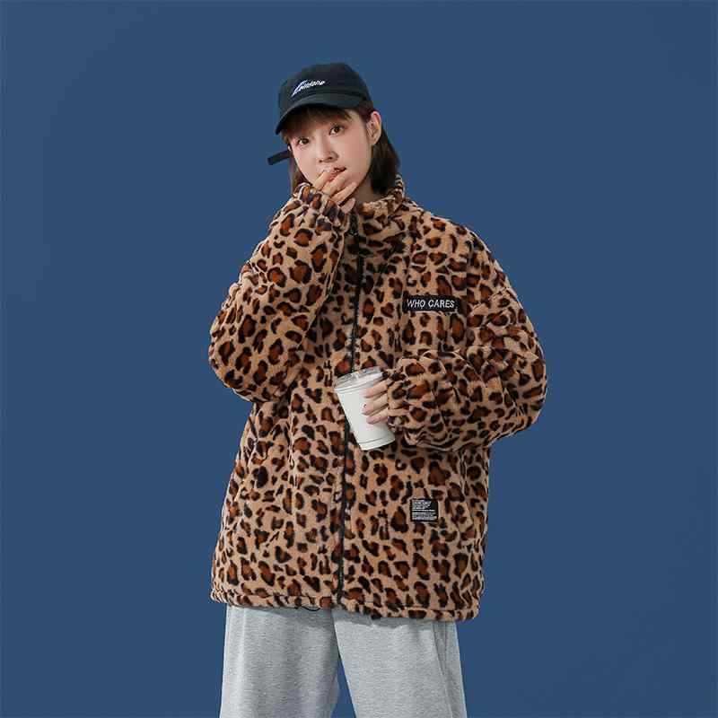 中綿ジャケット 男性用 秋冬 ゆったり ショート丈 ボア ヒョウ柄 スタンドカラー ペア カジュアル ストリート 防寒 ジップアップ 韓国ファッション オーバーサイズ