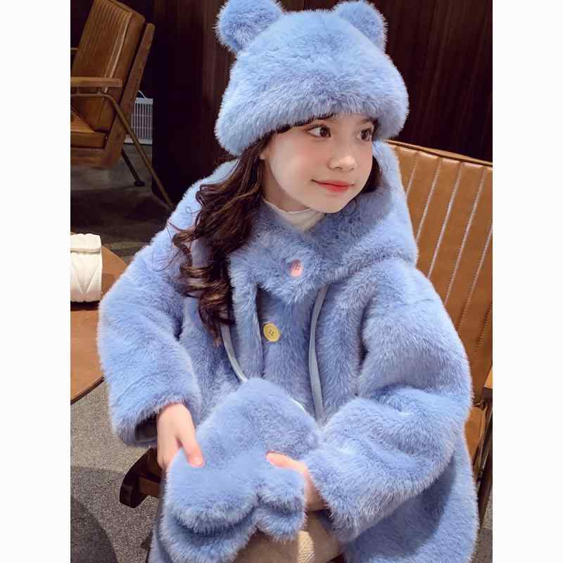 キッズアウター 女の子 ガールズ 韓国風 オルチャンスタイル おしゃれ かわいい フェイクミンクファー ファー一体型 ミドル丈 もこもこ ふわふわ 厚手 暖かい 防寒 秋冬 コート