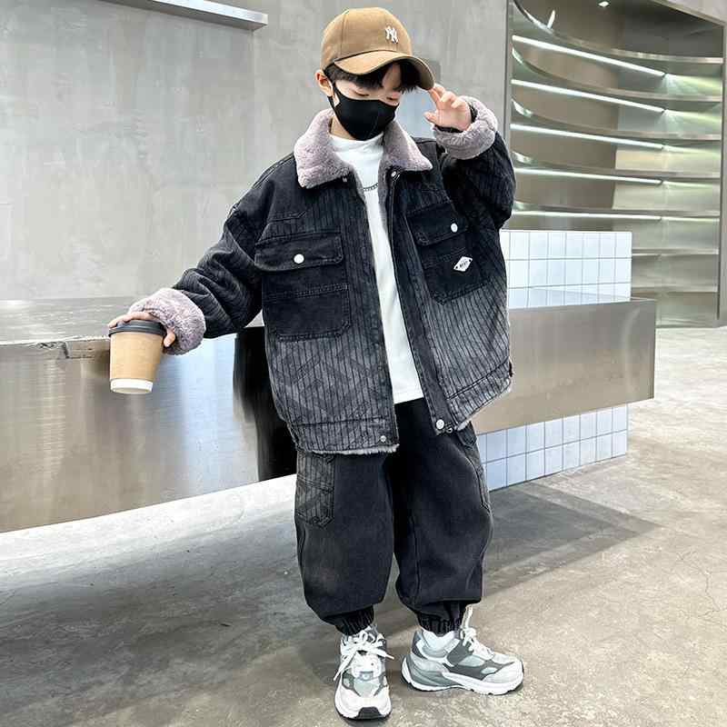 セットアップ 男の子 秋冬 デニム 裏起毛 厚手 ジャケット パンツ アウター ボトムス 上下セット 2点セット カジュアル 防寒 暖かい ブラック 長袖 ロングパンツ