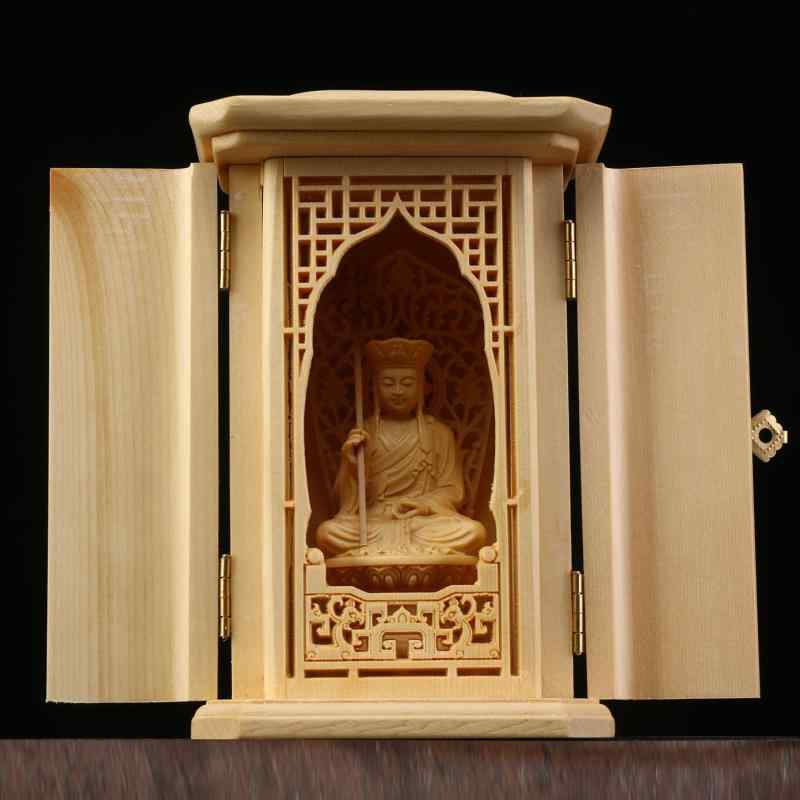仏像 檜木 ヒノキ 天然木 精密彫刻 西方三聖 観音 地蔵 如来 携帯用 仏龕 三面開閉 厨子 ミニ仏壇 置物 オブジェ 礼拝用 お守り 開運 インテリア 飾り物