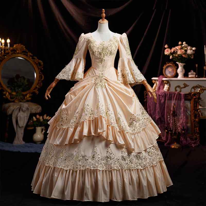 ドレス レディース シャンパンカラー 宮廷風 プリンセス 欧風 礼服 フォーマル ロングドレス 結婚式 パーティー 発表会 演奏会 舞台衣装 写真撮影 ティーパーティー ポリエステル 優雅 上品