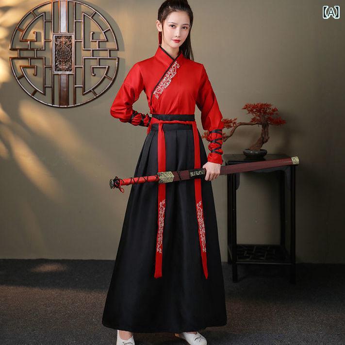 漢服 男女兼用 武侠風 中国風 交領 斉腰 襦裙 再生繊維 ポリエステル混紡 レトロ 古典衣装 学生制服 ペアコーデ 日常着 イベント 発表会 コスプレ オールシーズン バイカラー