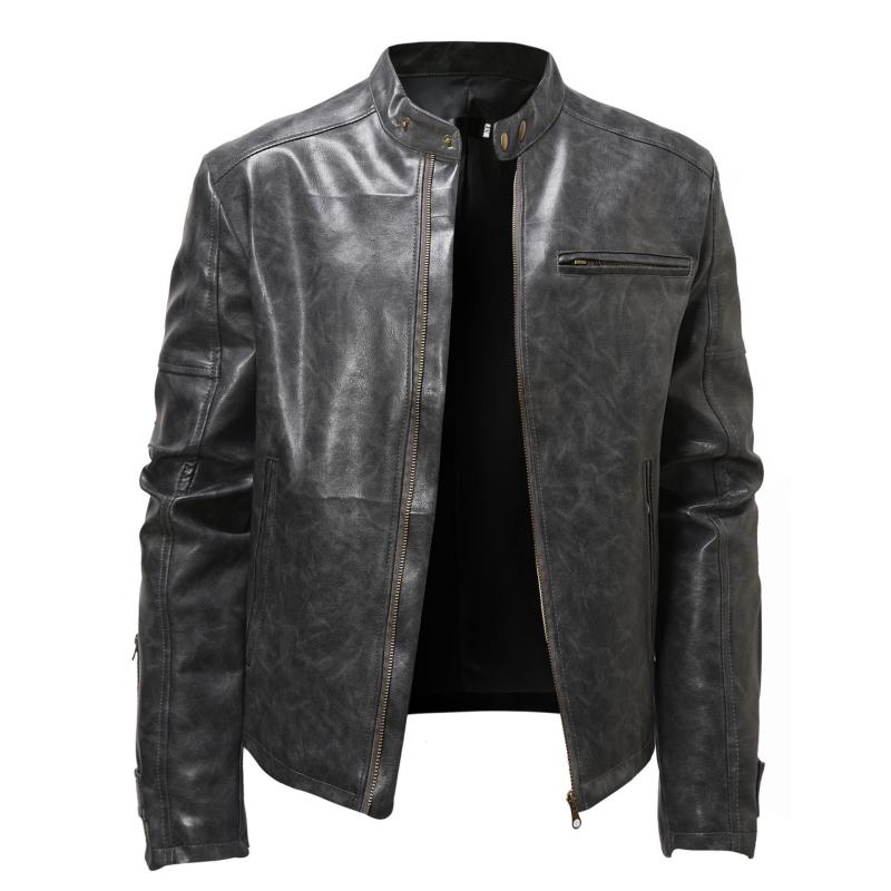 レザージャケット メンズ 男性用 ライダースジャケット ユーズド加工 フェイクレザー 合皮 スタンドカラー パンクスタイル スリムフィット ジップアップ 春秋