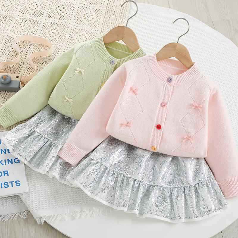 キッズ 女の子 ニット カーディガン ミニスカート セットアップ プリンセス 秋冬 無地 リボン ラウンドネック スパンコール かわいい スタイリッシュ