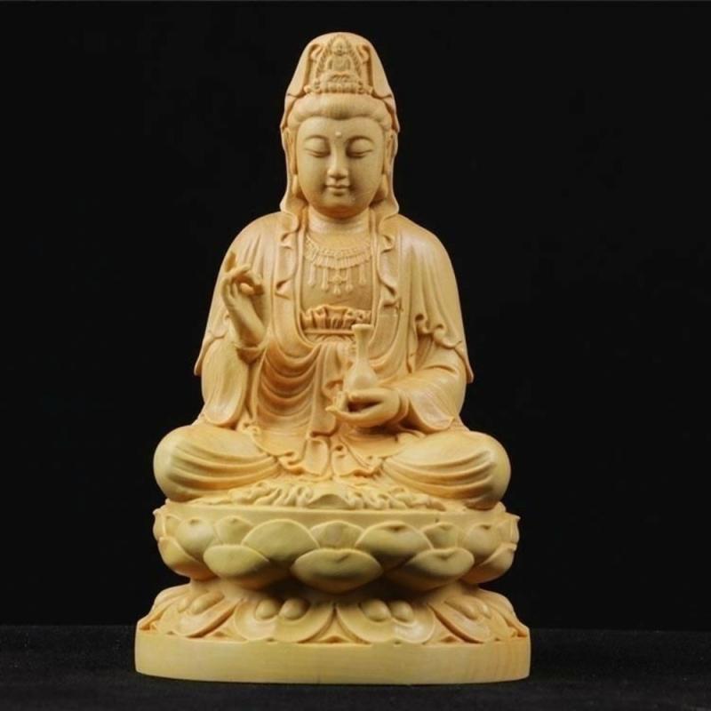 仏像 木彫り 崖柏 黄楊 無垢材 観音菩薩 蓮華座 坐像 置物 オブジェ インテリア 飾り リビング 玄関 縁起物 開運 厄除け 平和祈願