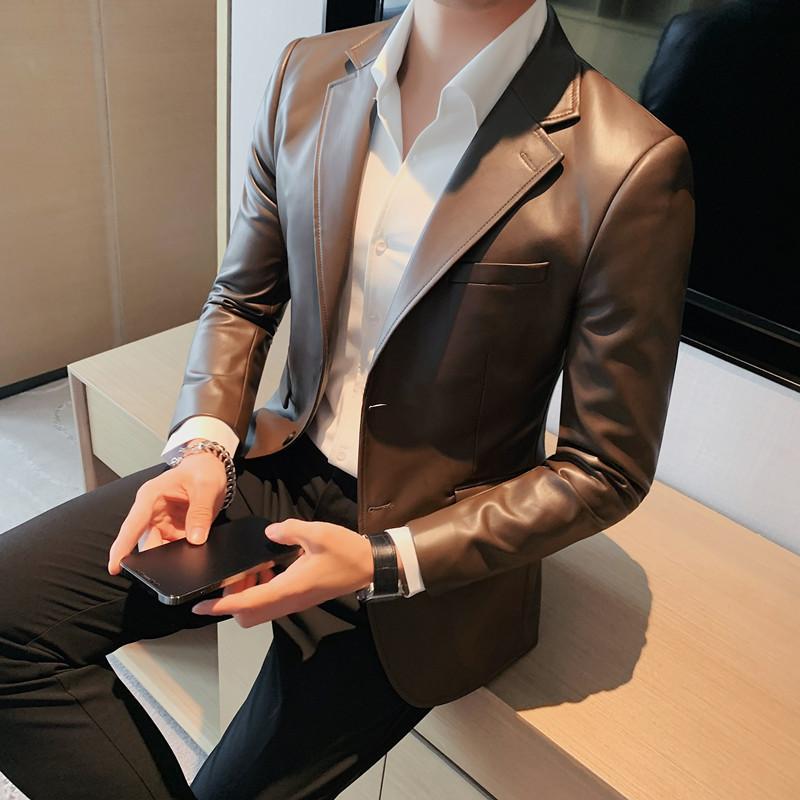 レザージャケット メンズ 男性用 PUレザー フェイクレザー 韓国風 テーラードジャケット スリムフィット 細身 高級感 スタイリッシュ シングルブレスト 秋冬 カジュアル アウター ブラック ブラウン｜あじゅり 7,847円