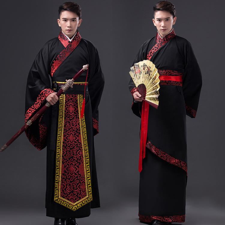 漢服 男性用 武士 侍 侠客 剣士 古代衣装 大臣 官僚 役人 黒 直裾 曲裾 舞台 演劇 写真撮影 コスプレ ポリエステル制服生地