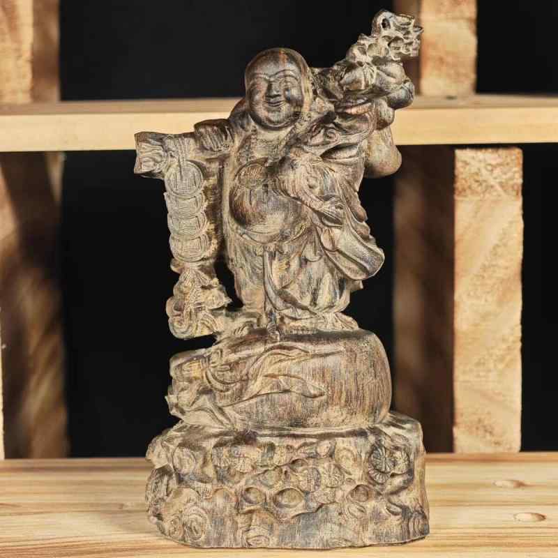 仏像 インドネシア 沈香木 布袋様 木彫り 精巧彫刻 無垢材 立像 置物 開運 縁起物 インテリア アジアンテイスト 13cm