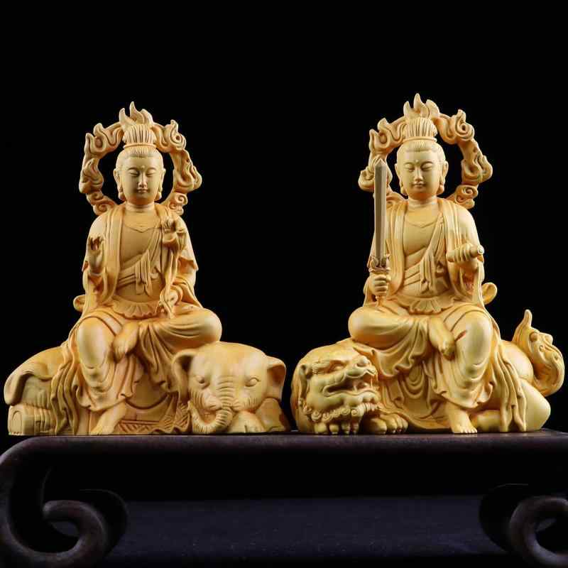 仏像 文殊菩薩 普賢菩薩 華厳三聖 黄楊木彫刻 ツゲ材 木彫り 飾りつけ オブジェ 飾りつけ 室内装飾 学習能力 学習能力 真実 有り難い 開運 入り口・入口 リビング 和室 床の間 今めかしい 新中式