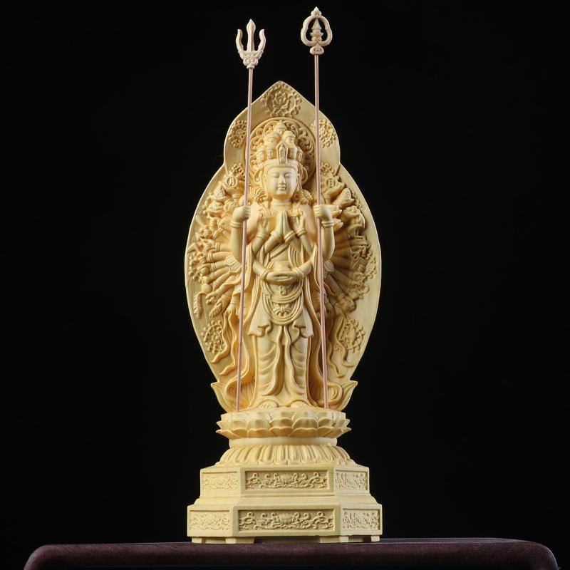 仏像 柘植 立ち姿 手彫り 半風子像 観世音菩薩 飾りつけ オブジェ うしろ側般若心経彫り 和今めかしい アジアンテイスト リビング 室内装飾 飾りつけ 供養 開運 縁起物 仏間飾りつけ