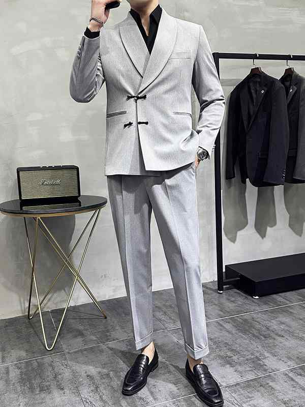 スーツ メンズ 男性用 チャイナ風 中華風 盤扣 チャイナボタン ピークドラペル ショールカラー スリムフィット ビジネス フォーマル カジュアル ツーピース セットアップ ブラック 黒 イージーケア ノーアイロン｜あじゅり