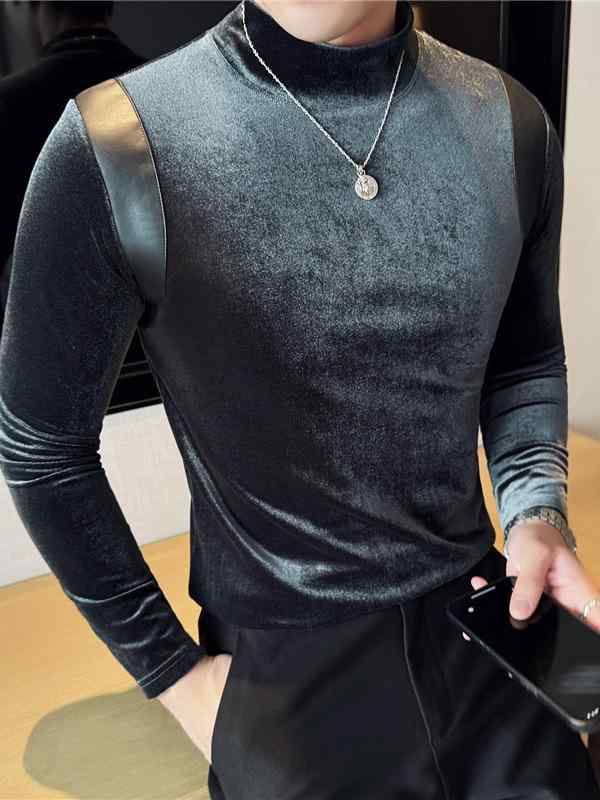 Tシャツ メンズ 男性用 秋冬 韓国風 カジュアル 普段使い 切り替え レザー調 ハーフネック ハイネック ストレッチ スリムフィット 裏起毛 厚手 ベロア ベルベット ポリエステル 化学繊維混紡 シワになりにくい インナーシャツ カットソー