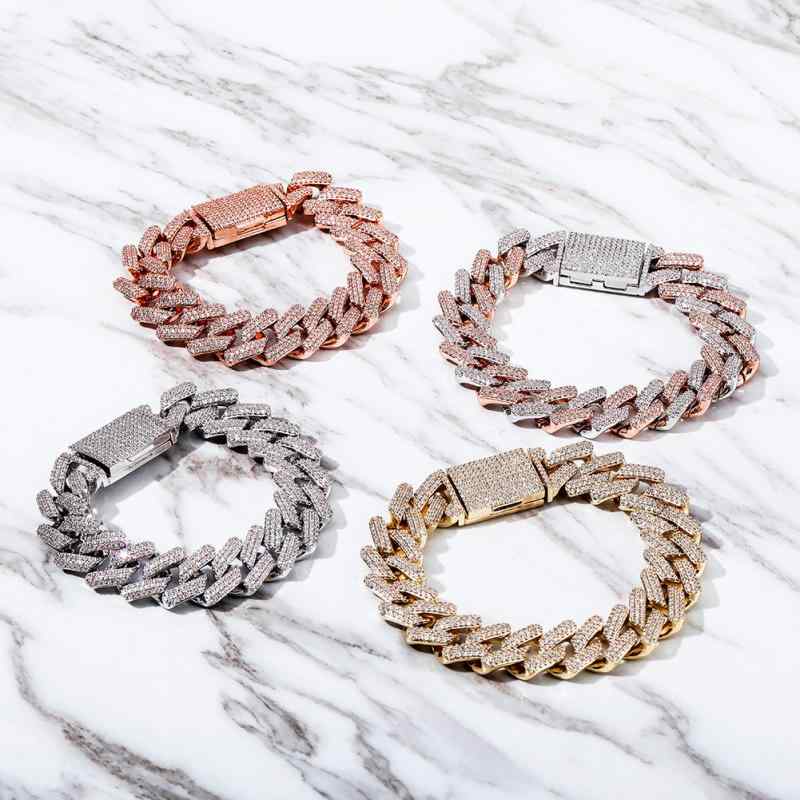 ネックレス ブレスレット 男女兼用 欧米ヒップホップ ストリートファッション 16mm幅 中折れ式留め具 ひし形全面ジルコニア 大ぶりキューバンチェーン ゴールド シルバー ローズゴールド