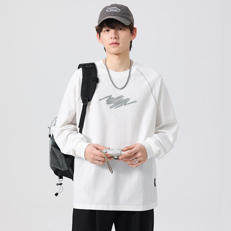 Tシャツ メンズ ホワイト 丸首 長袖 春秋 ゆったり ルーズフィット カジュアル プリント ラグランスリーブ コットンブレンド 通気性 カットソー