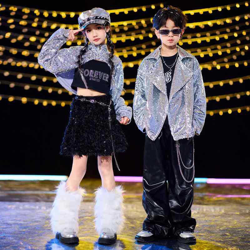 キッズ 男の子 女の子 ダンス衣装 ストリート ヒップホップ ジャズ 舞台 発表会 ランウェイ スパンコール 上下セット セットアップ 練習着 ポリエステル 動きやすい